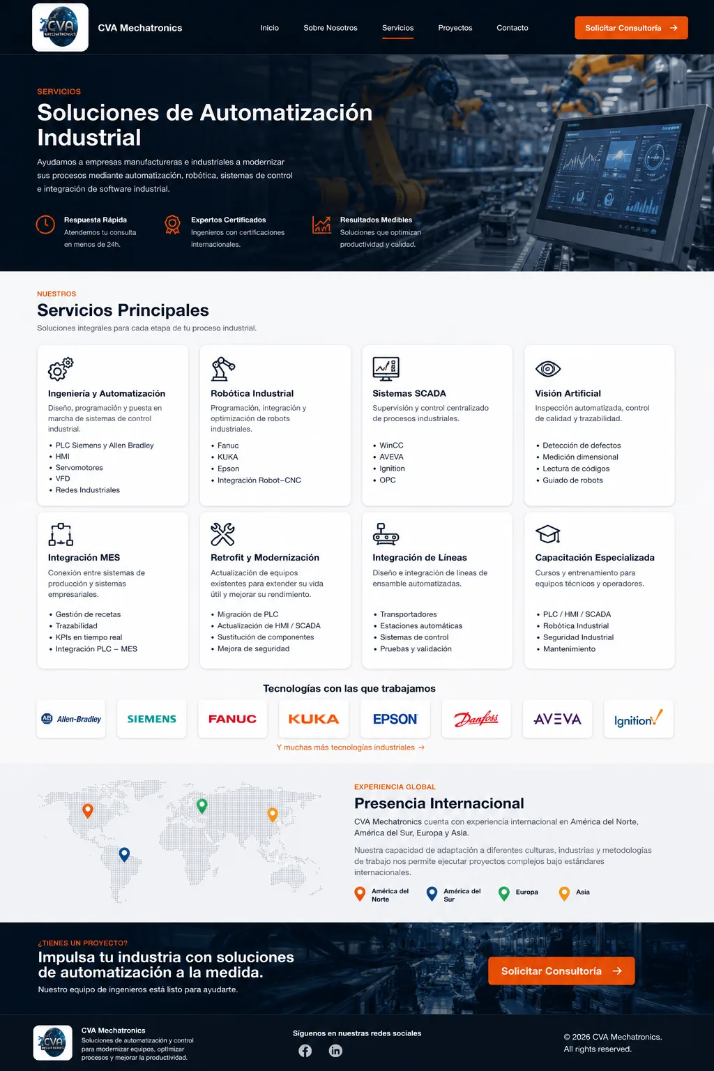 CVA Mechatronics website — industrial automation services, principal capabilities, and international presence